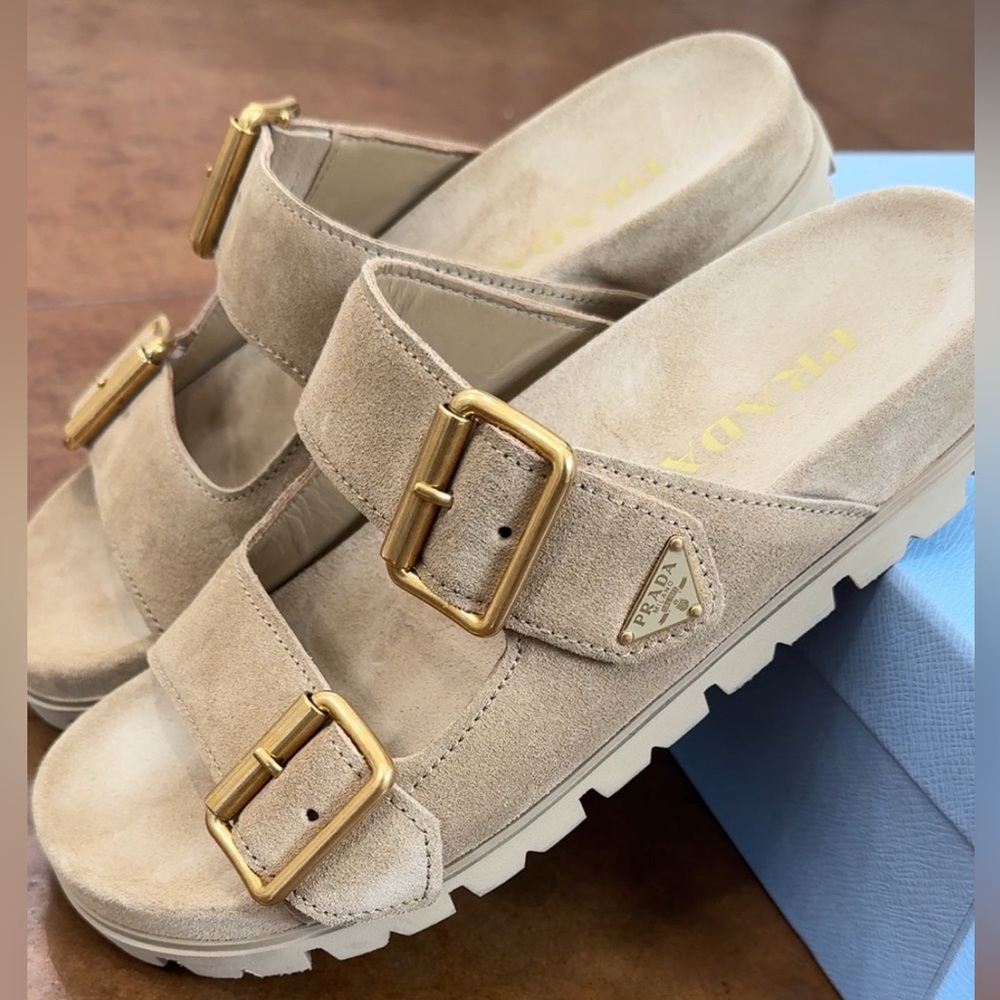Prada Ecru Suede Double Buckle Slide Sandals
